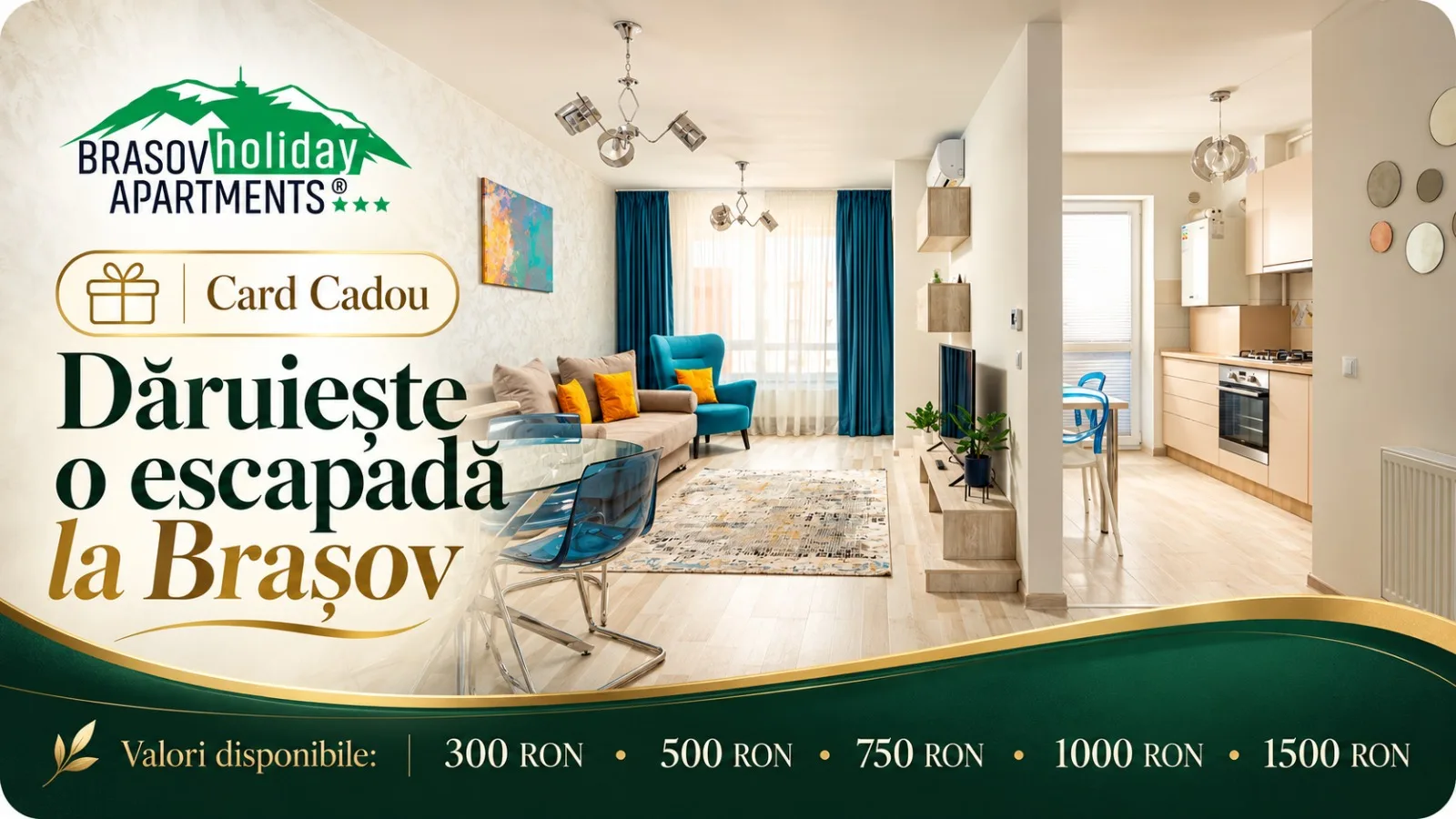 Card Cadou Brașov Holiday Apartments — dăruiește o escapadă la Brașov, valori de 300, 500, 750, 1000 și 1500 RON